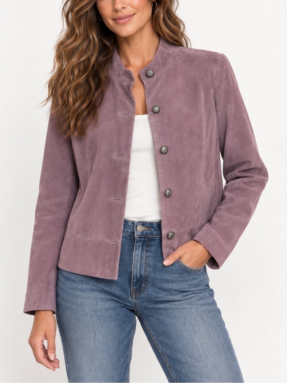 Vintage Chico’s Purple Genuine Suede Leather Silver Button Jacket Size Large